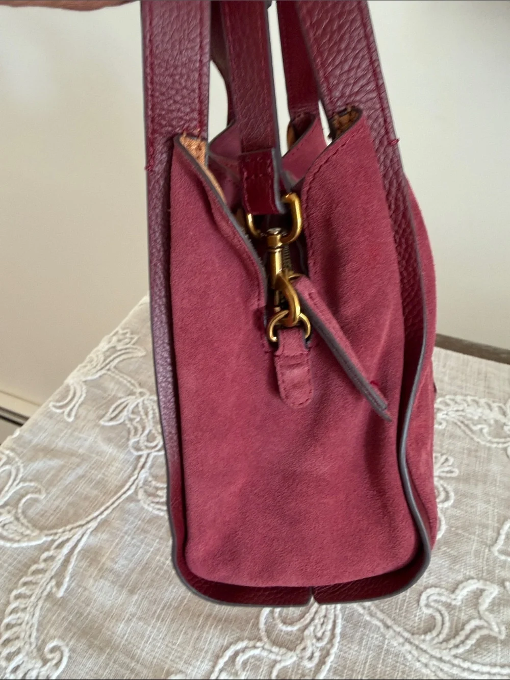 American Leather Co Auburn Suede w/Leather Strap/Handles & Trim Satchel.